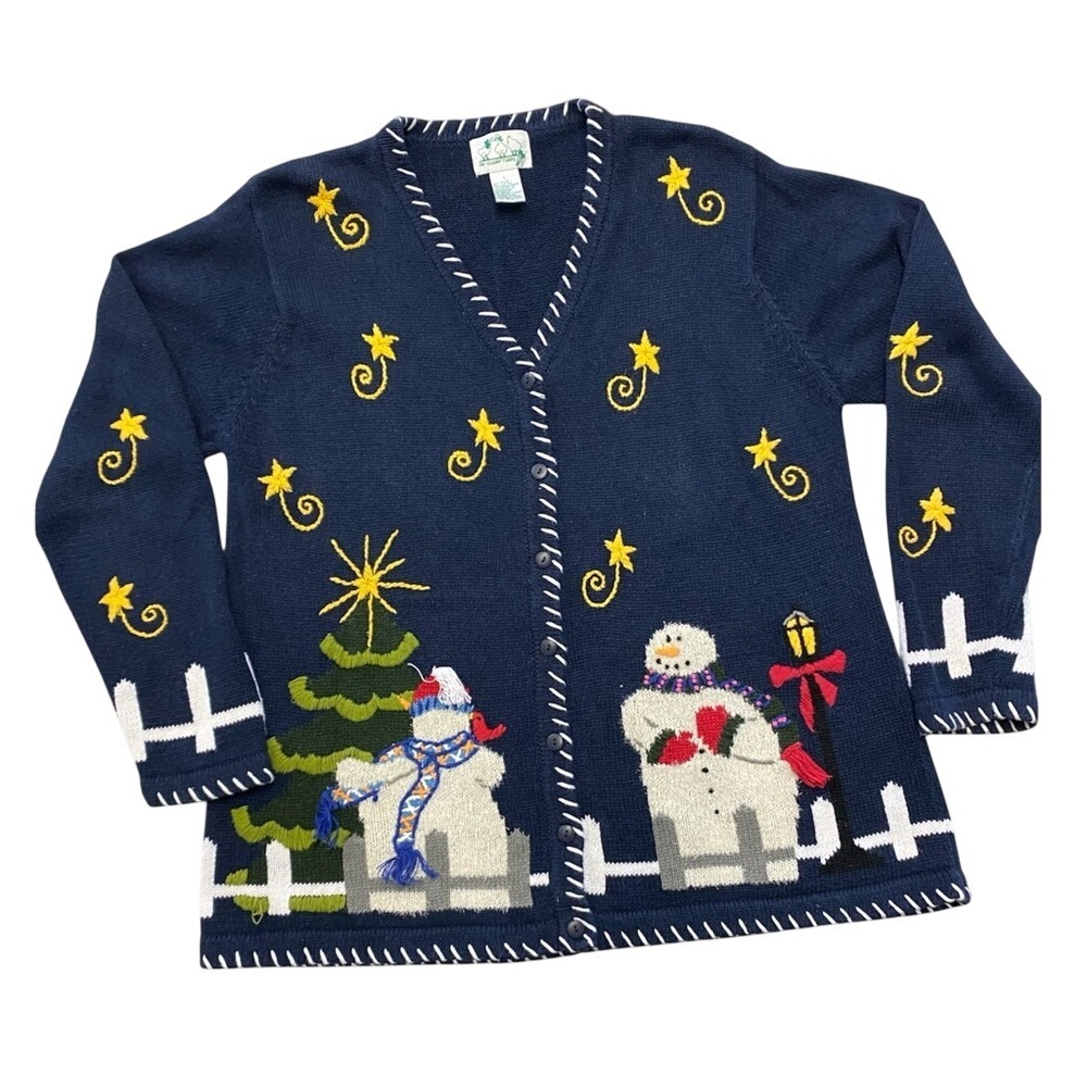 Quacker Factory Cottagecore Grandma Cardigan Navy Holiday Ugly‎ Christmas Large